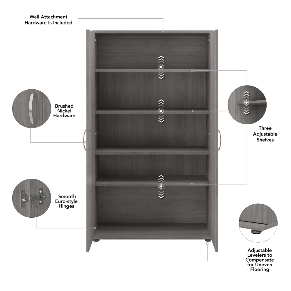 Shop Bush Business Furniture Universal Tall Storage Cabinet with Doors and Shelves, Image 07, UNS136PGK, #color_platinum gray