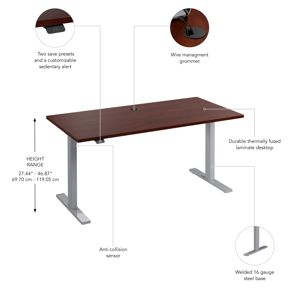 Shop Bush Business Furniture Move 60 Series 60W x 30D Electric Height Adjustable Standing Desk, Image 06, M6S6030HCSK, #color_hansen cherry/cool gray metallic