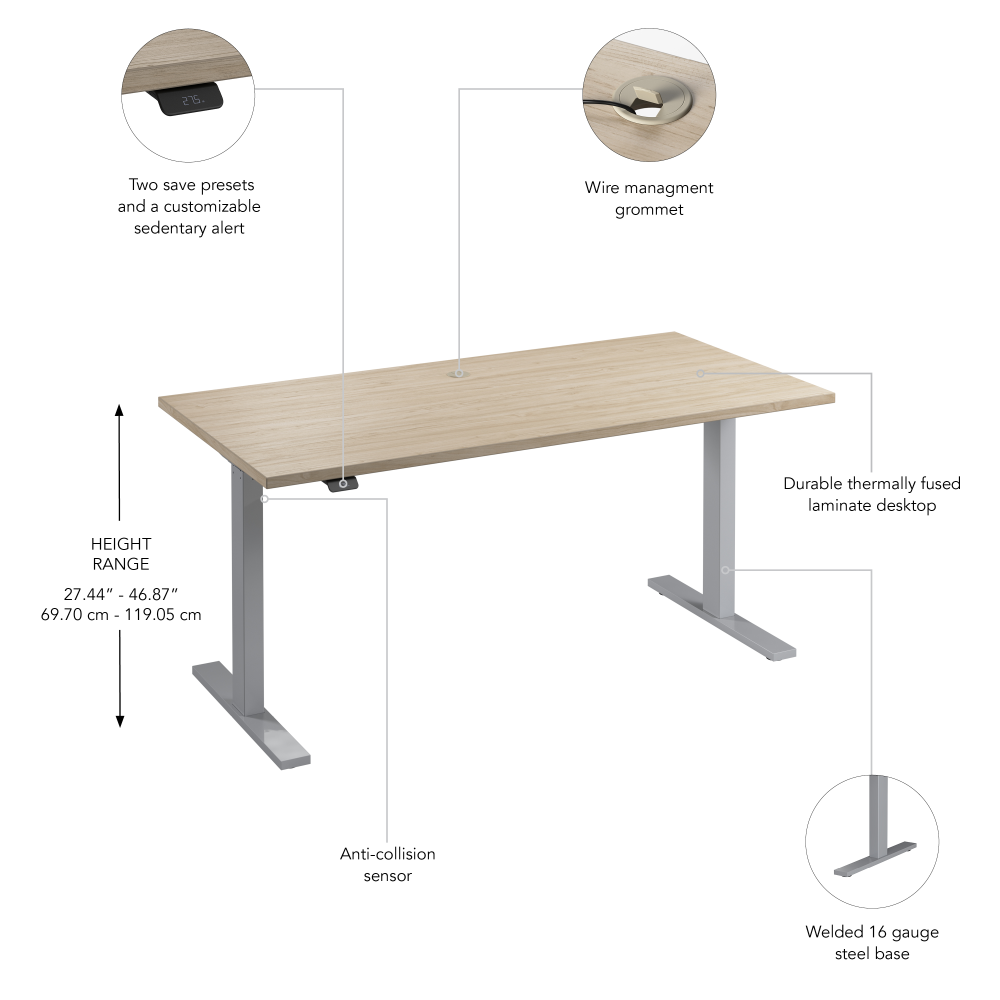 Shop Bush Business Furniture Move 60 Series 60W x 30D Electric Height Adjustable Standing Desk, Image 06, M6S6030NESK, #color_natural elm/cool gray metallic