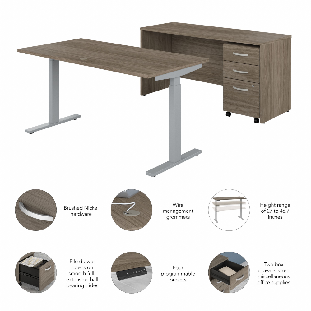 Shop Bush Business Furniture Studio C 60W Height Adjustable Standing Desk with Credenza and File Cabinet, Image 03, STC017MHSU, #color_modern hickory