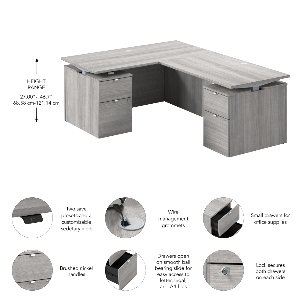 Shop Bush Business Furniture Stratus 60W x 78D Height Adjustable L Shaped Standing Desk with Drawers, Image 07, SUT017PG, #color_platinum gray