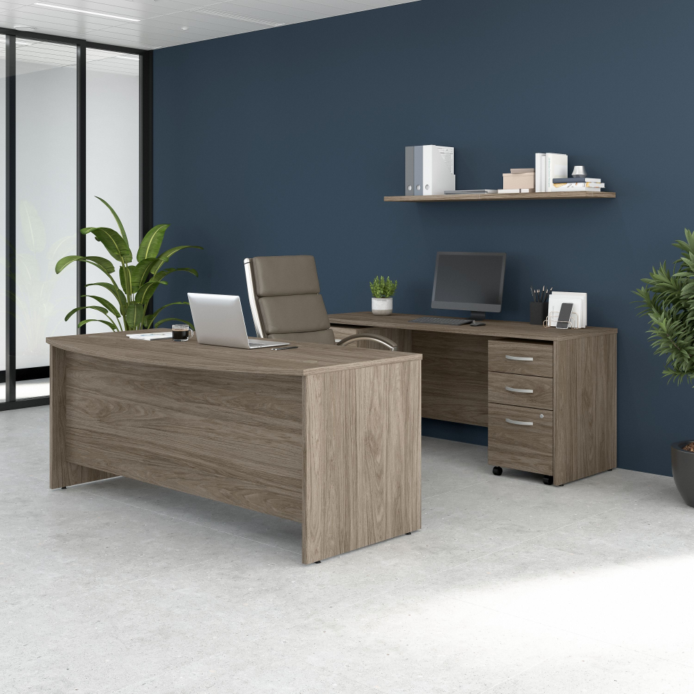Shop Bush Business Furniture Studio C 72W x 36D Bow Front Desk and Credenza with Mobile File Cabinets, Image 02, STC009MHSU, #color_modern hickory