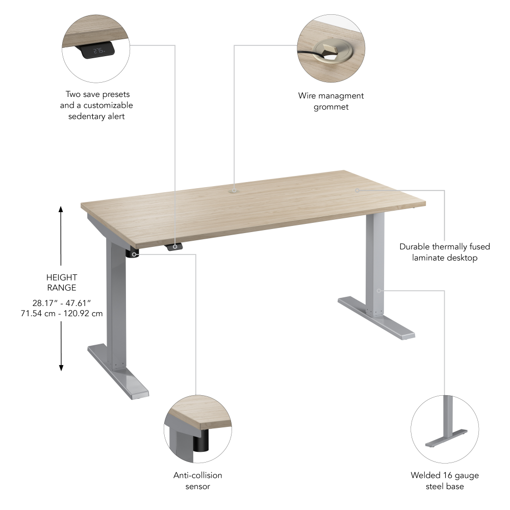 Shop Bush Business Furniture Move 40 Series 60W x 30D Electric Height Adjustable Standing Desk, Image 06, M4S6030NESK, #color_natural elm/cool gray metallic