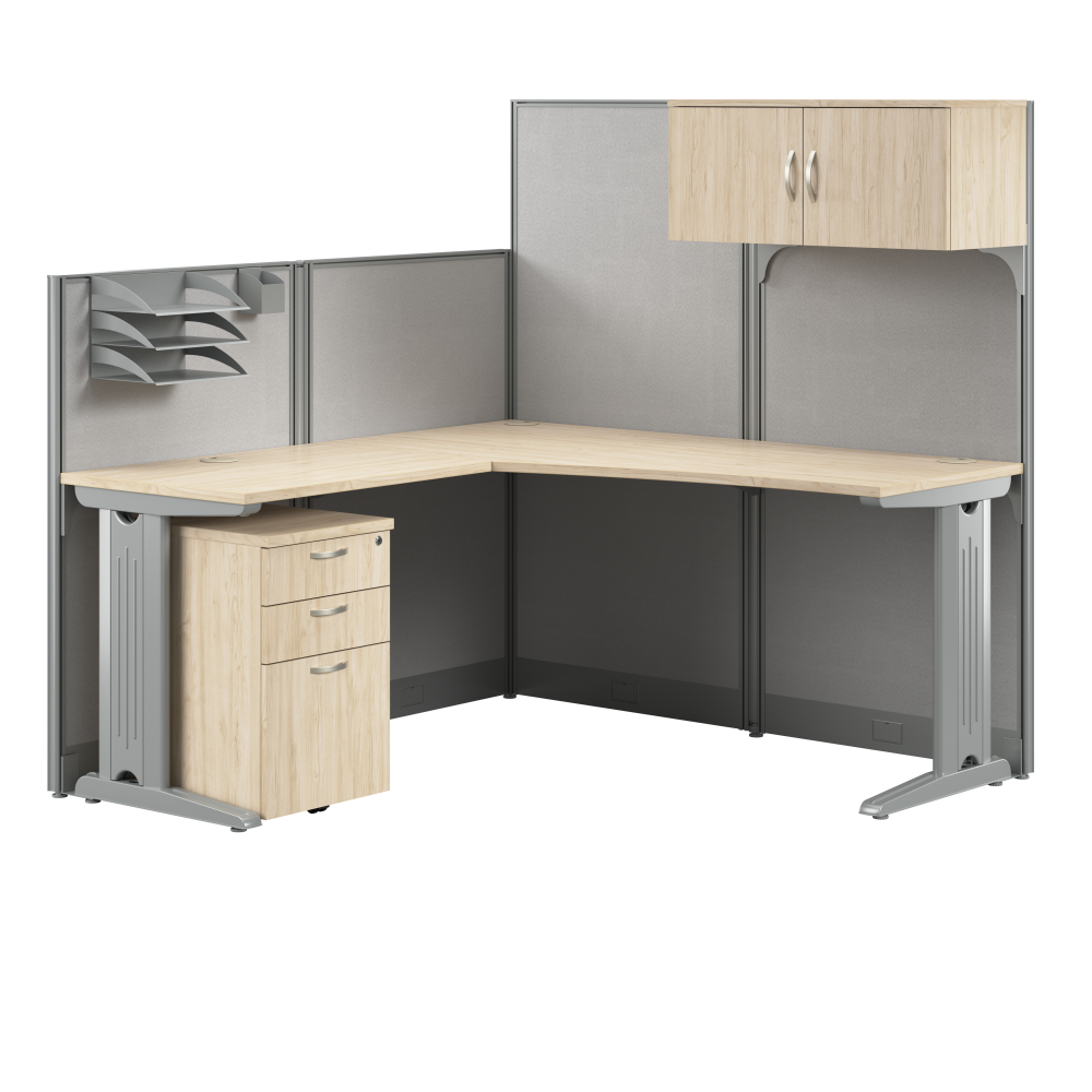 Shop Bush Business Furniture Office in an Hour 65-inch L Shaped Cubicle Desk with Storage, Drawers, and Organizers, Image 01, WC36594-03STGK, #color_natural elm
