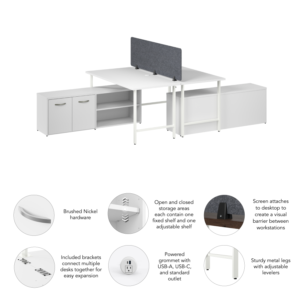 Shop Bush Business Furniture Hustle 2 Person Computer Desk with Low Storage Cabinets, Power Grommets, and Privacy Screen, Image 06, HUS015WH, #color_white