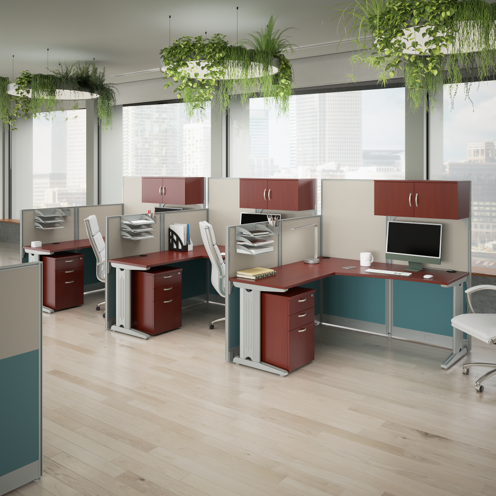 Shop Bush Business Furniture Office in an Hour 3 Person L Shaped Cubicle Desks with Storage, Drawers, and Organizers, Image 02, OIAH006HC, #color_hansen cherry