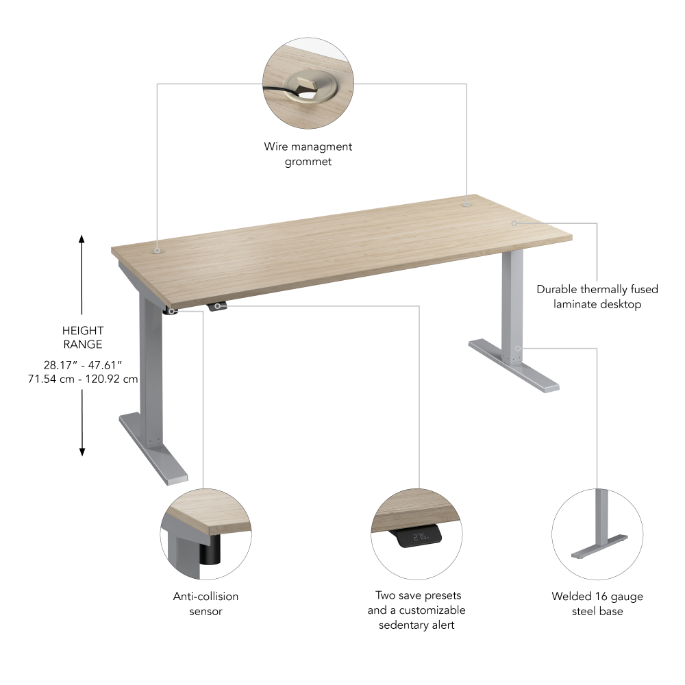 Shop Bush Business Furniture Move 40 Series 72W x 30D Electric Height Adjustable Standing Desk, Image 06, M4S7230NESK, #color_natural elm/cool gray metallic