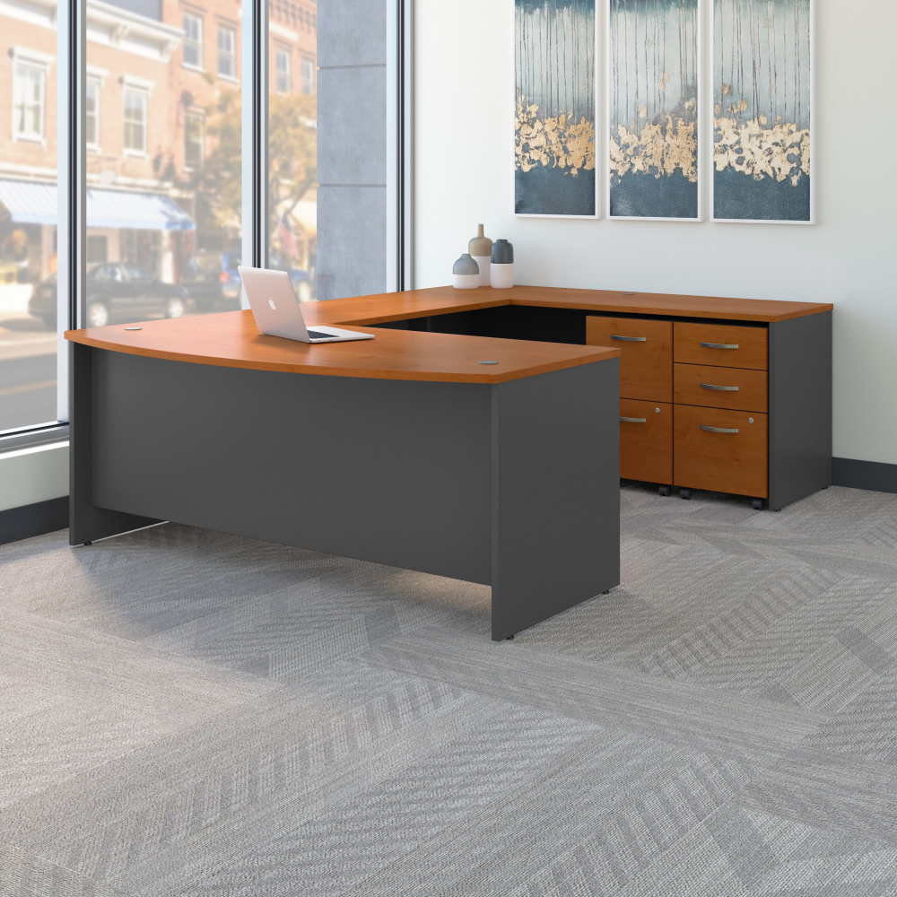 Shop Bush Business Furniture Series C 72W x 36D Bow Front U Shaped Desk with Mobile File Cabinets, Image 02, SRC043NCSU, #color_natural cherry/graphite gray
