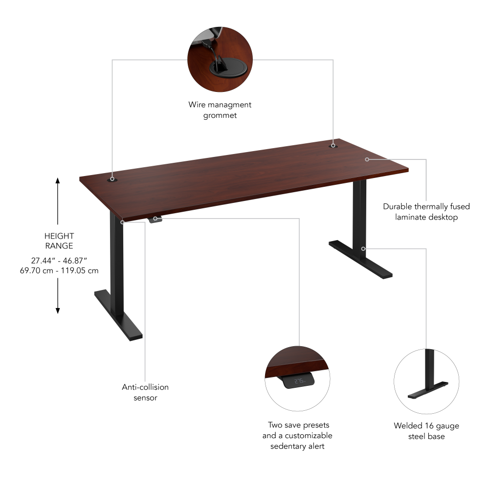 Shop Bush Business Furniture Move 60 Series 72W x 30D Electric Height Adjustable Standing Desk, Image 06, M6S7230HCBK, #color_hansen cherry/black powder coat