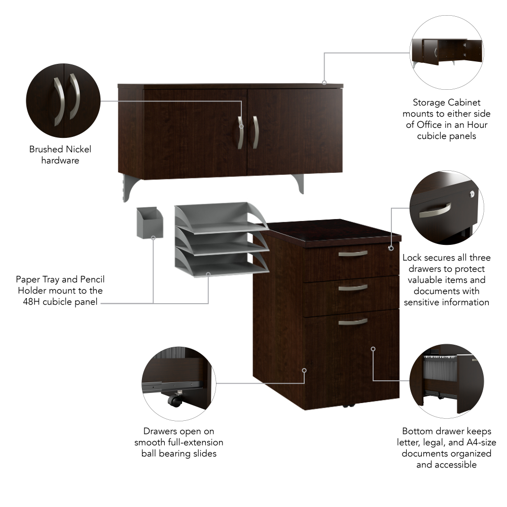 Shop Bush Business Furniture Office in an Hour Cubicle Storage with Cabinet, Drawers, Paper Tray, and Pencil Holder, Image 06, WC36890-03K, #color_mocha cherry