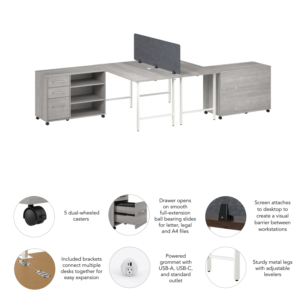 Shop Bush Business Furniture Hustle 2 Person Computer Desk with Mobile Storage Cabinets, Power Grommets, and Privacy Screen, Image 06, HUS016PG, #color_platinum gray