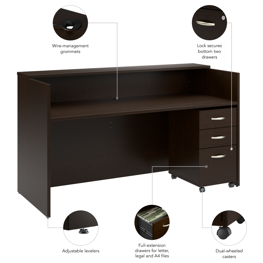 Shop Bush Business Furniture Arrive 72W x 30D Reception Desk with Shelf and Mobile File Cabinet, Image 08, ARV005MR, #color_mocha cherry