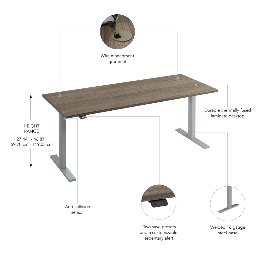 Shop Bush Business Furniture Move 60 Series 72W x 30D Electric Height Adjustable Standing Desk, Image 06, M6S7230MHSK, #color_modern hickory/cool gray metallic