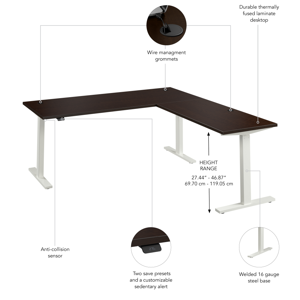 Shop Bush Business Furniture Move 60 Series 72W Height Adjustable L Shaped Standing Desk, Image 06, M6SL7278MRWK, #color_mocha cherry/white powder coat