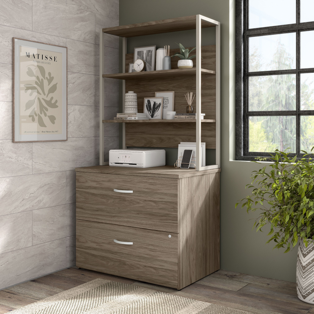 Shop Bush Business Furniture Hybrid 2 Drawer Lateral File Cabinet with Shelves, Image 02, HYB018MHSU, #color_modern hickory