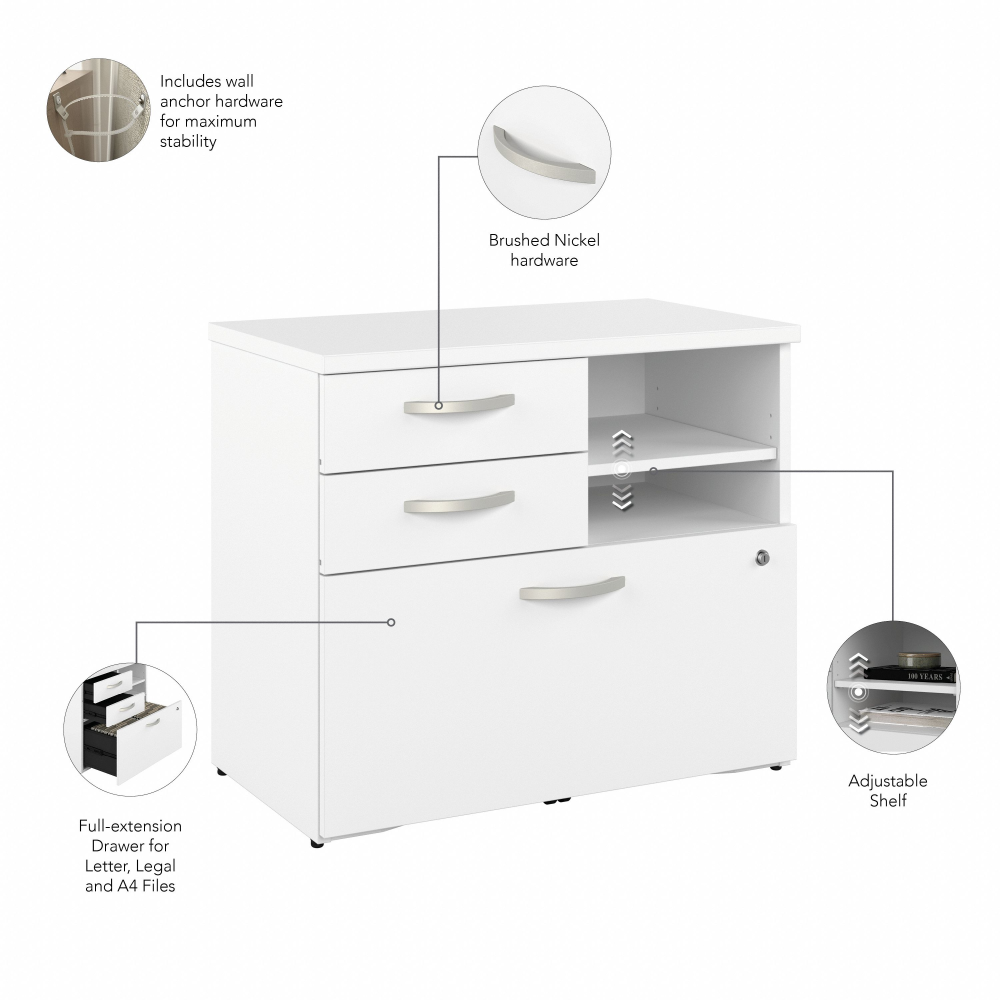 Shop Bush Business Furniture Hybrid Office Storage Cabinet with Drawers and Shelves, Image 08, HYF130WHSU-Z, #color_white
