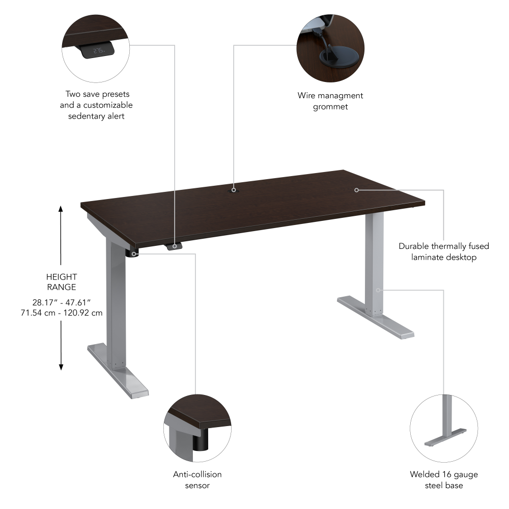 Shop Bush Business Furniture Move 40 Series 60W x 30D Electric Height Adjustable Standing Desk, Image 06, M4S6030MRSK, #color_mocha cherry/cool gray metallic