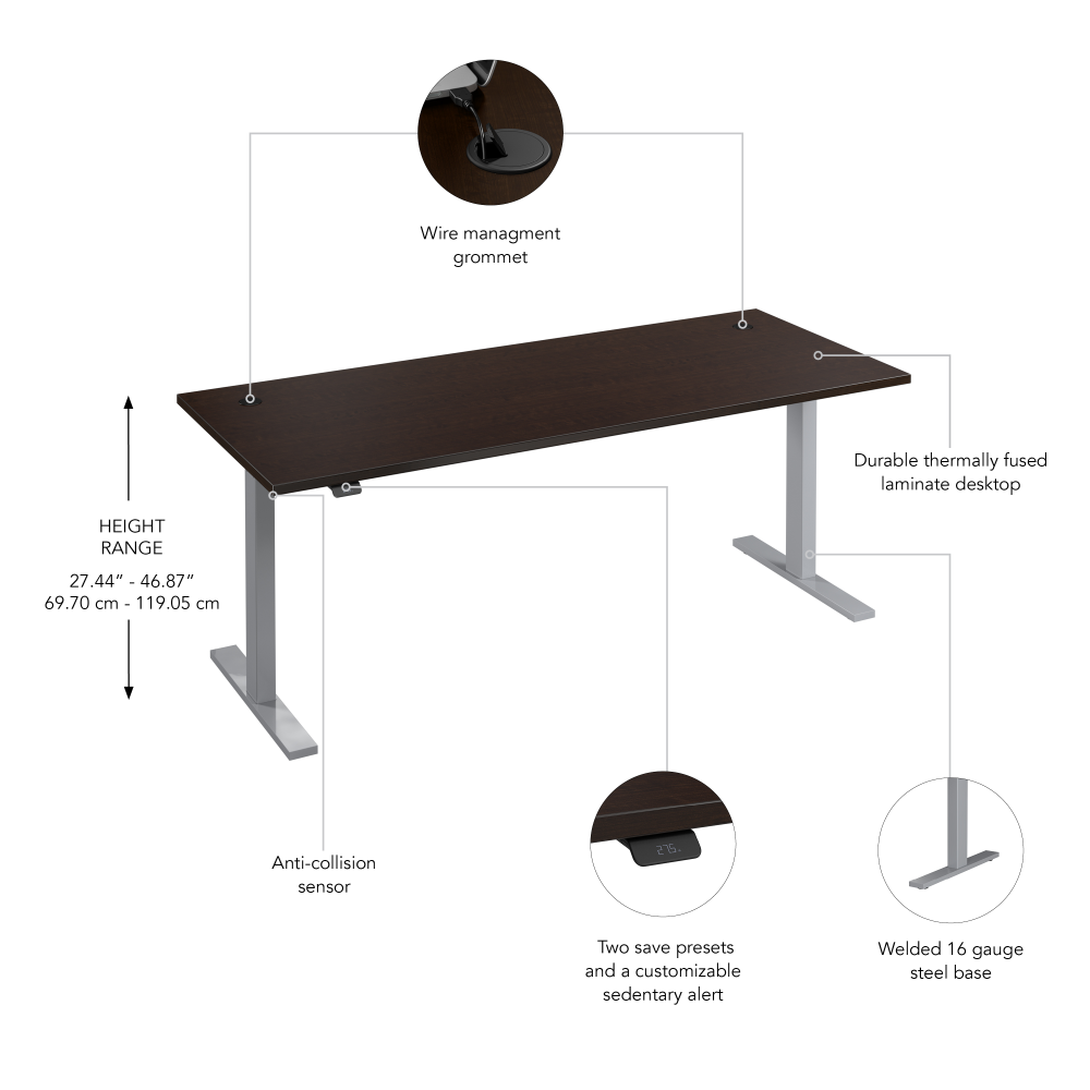 Shop Bush Business Furniture Move 60 Series 72W x 30D Electric Height Adjustable Standing Desk, Image 06, M6S7230MRSK, #color_mocha cherry/cool gray metallic