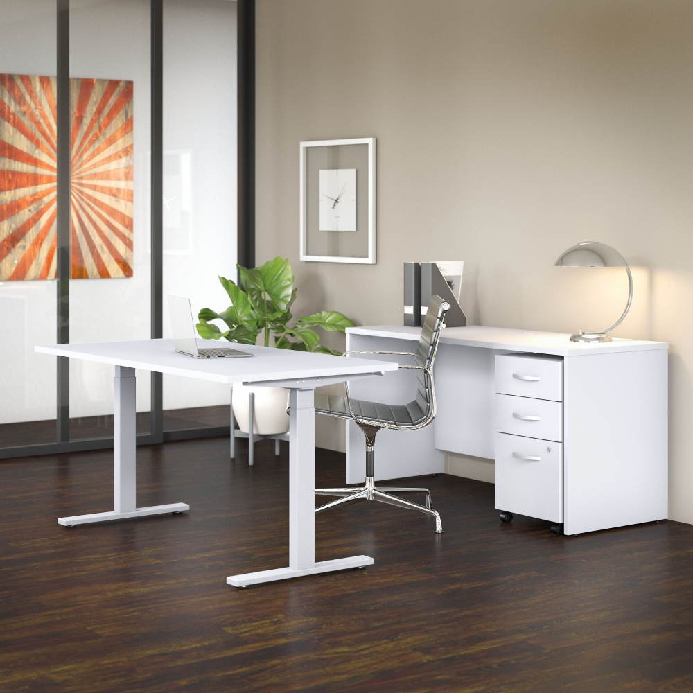 Shop Bush Business Furniture Studio C 60W x 30D Height Adjustable Standing Desk, Credenza and Mobile File Cabinet, Image 02, STC017WHSU, #color_white
