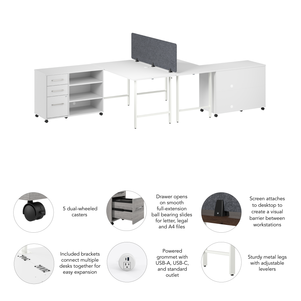 Shop Bush Business Furniture Hustle 2 Person Computer Desk with Mobile Storage Cabinets, Power Grommets, and Privacy Screen, Image 06, HUS016WH, #color_white