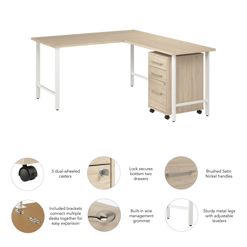 Shop Bush Business Furniture Hustle 60W x 30D L Shaped Computer Desk with 3 Drawer Mobile File Cabinet, Image 04, HUS006NE, #color_natural elm