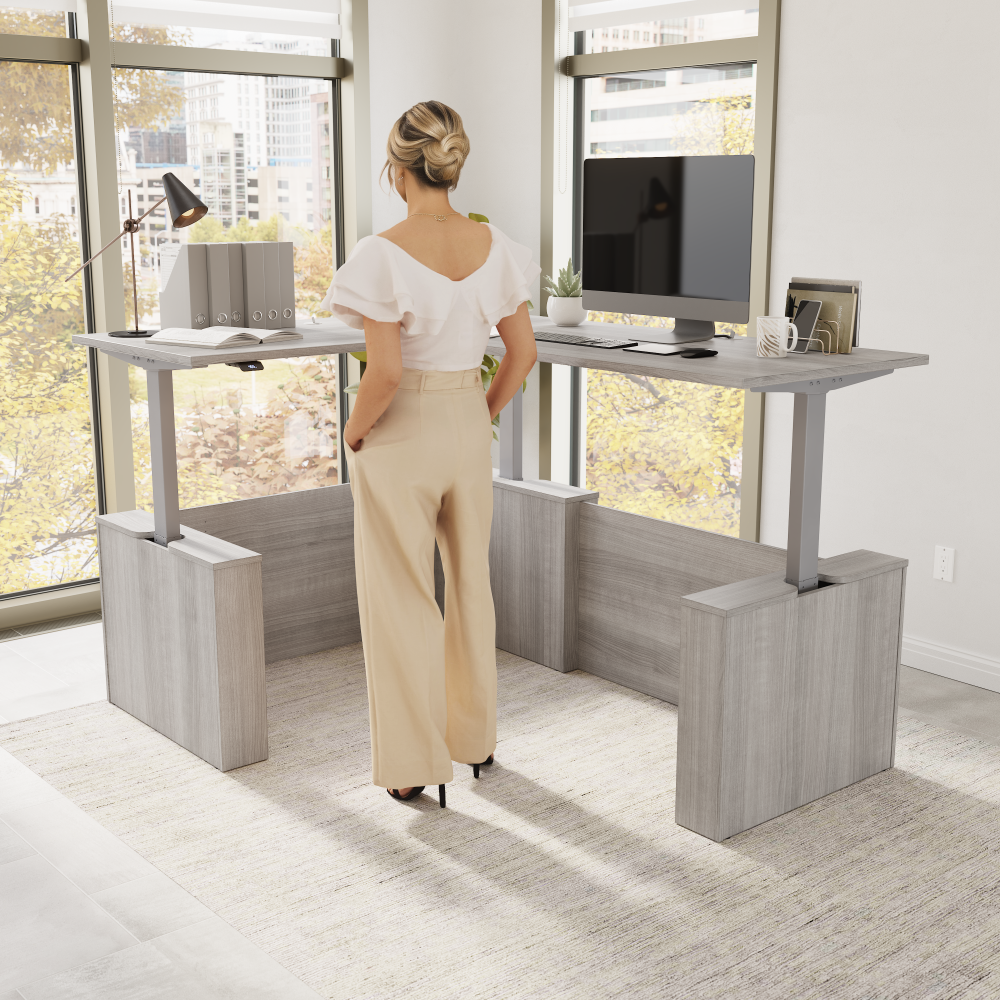 Shop Bush Business Furniture Stratus 60W x 78D Electric Height Adjustable L Shaped Standing Desk, Image 02, SUT013PG, #color_platinum gray