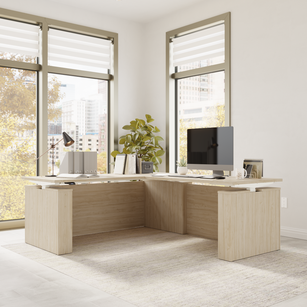 Shop Bush Business Furniture Stratus 72W x 78D Electric Height Adjustable L Shaped Standing Desk, Image 03, SUT014NE, #color_natural elm