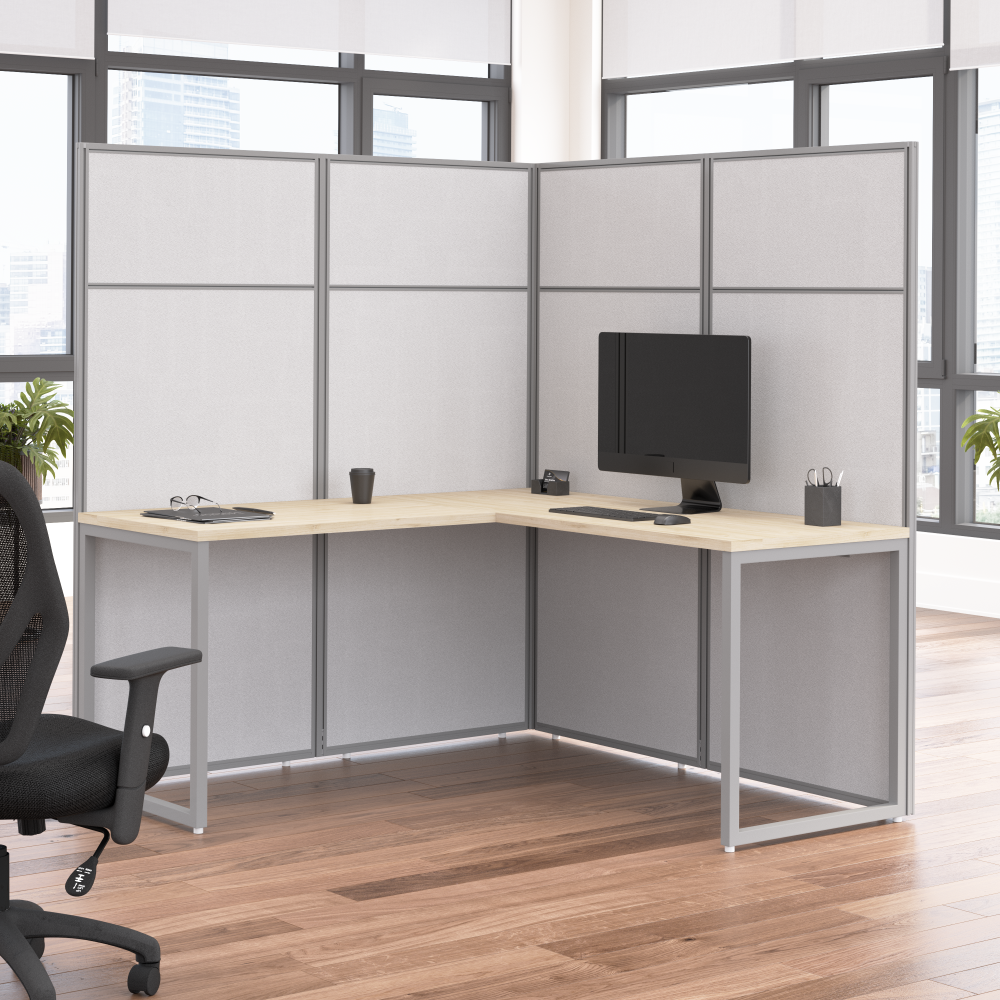 Shop Bush Business Furniture Easy Office 60-inch L Shaped Cubicle Desk with Tall Panels, Image 02, EODH360NE-03K, #color_natural elm/silver gray fabric