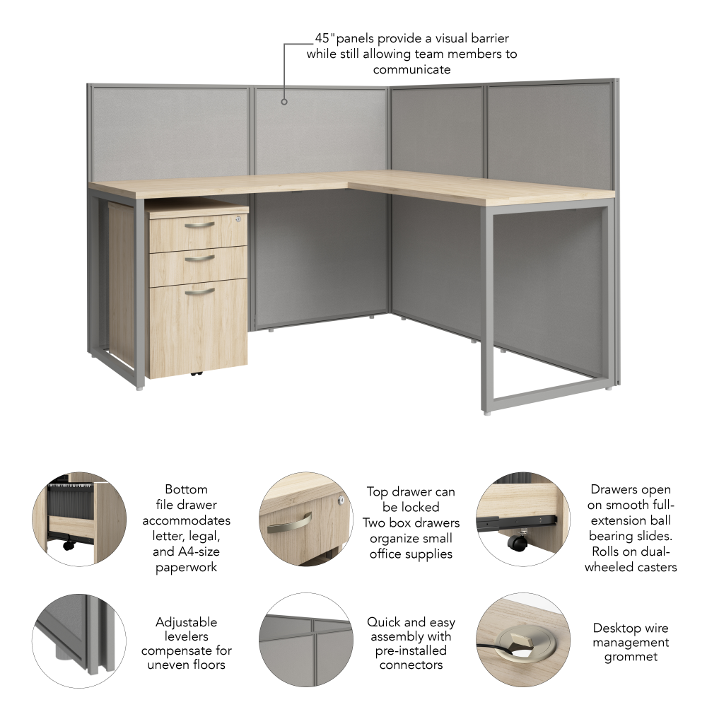 Shop Bush Business Furniture Easy Office 60-inch L Shaped Cubicle Desk with Drawers and Low Panels, Image 07, EOD360SNE-03K, #color_natural elm/silver gray fabric