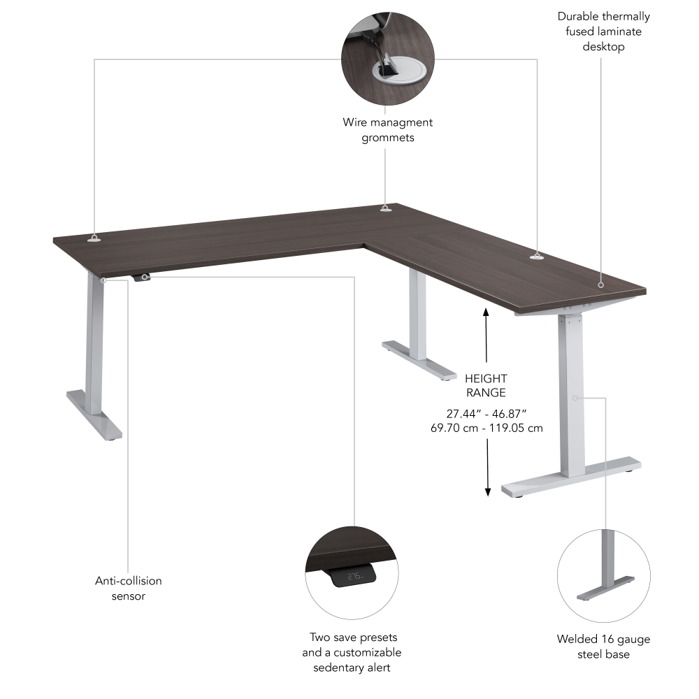 Shop Bush Business Furniture Move 60 Series 72W Height Adjustable L Shaped Standing Desk, Image 06, M6SL7278SGSK, #color_storm gray/cool gray metallic