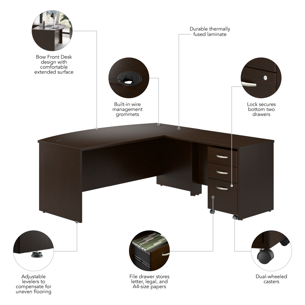 Shop Bush Business Furniture Series C 72W Bow Front L Shaped Desk with 42W Return and Mobile File Cabinet, Image 07, SRC167MRSU, #color_mocha cherry