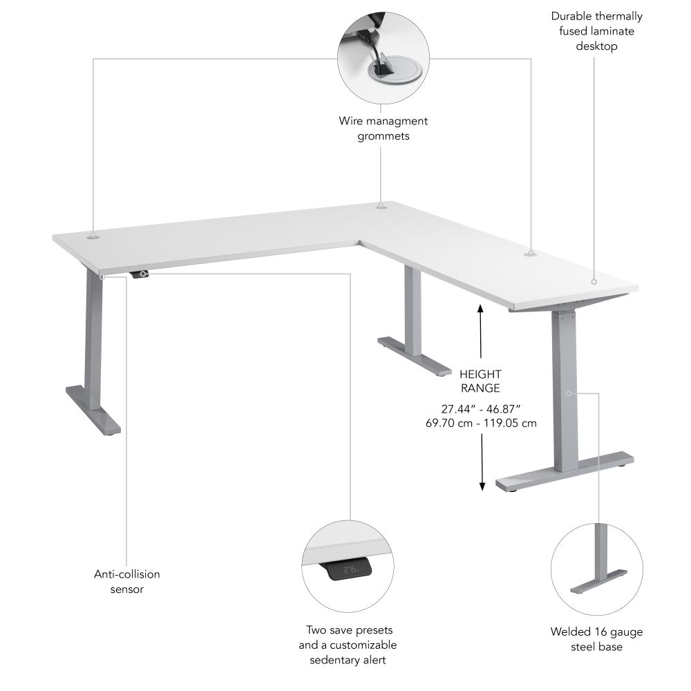 Shop Bush Business Furniture Move 60 Series 72W Height Adjustable L Shaped Standing Desk, Image 06, M6SL7278WHSK, #color_white/cool gray metallic