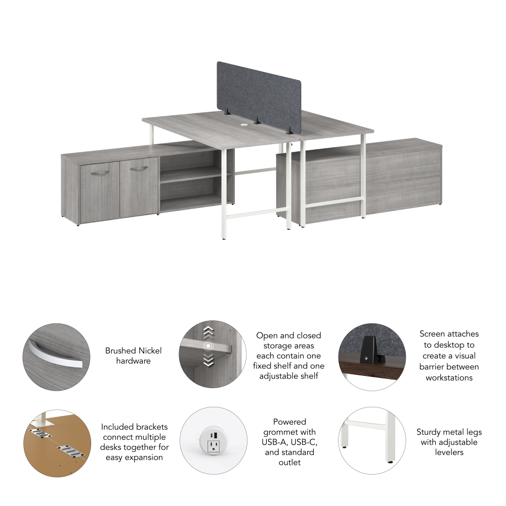 Shop Bush Business Furniture Hustle 2 Person Computer Desk with Low Storage Cabinets, Power Grommets, and Privacy Screen, Image 06, HUS015PG, #color_platinum gray