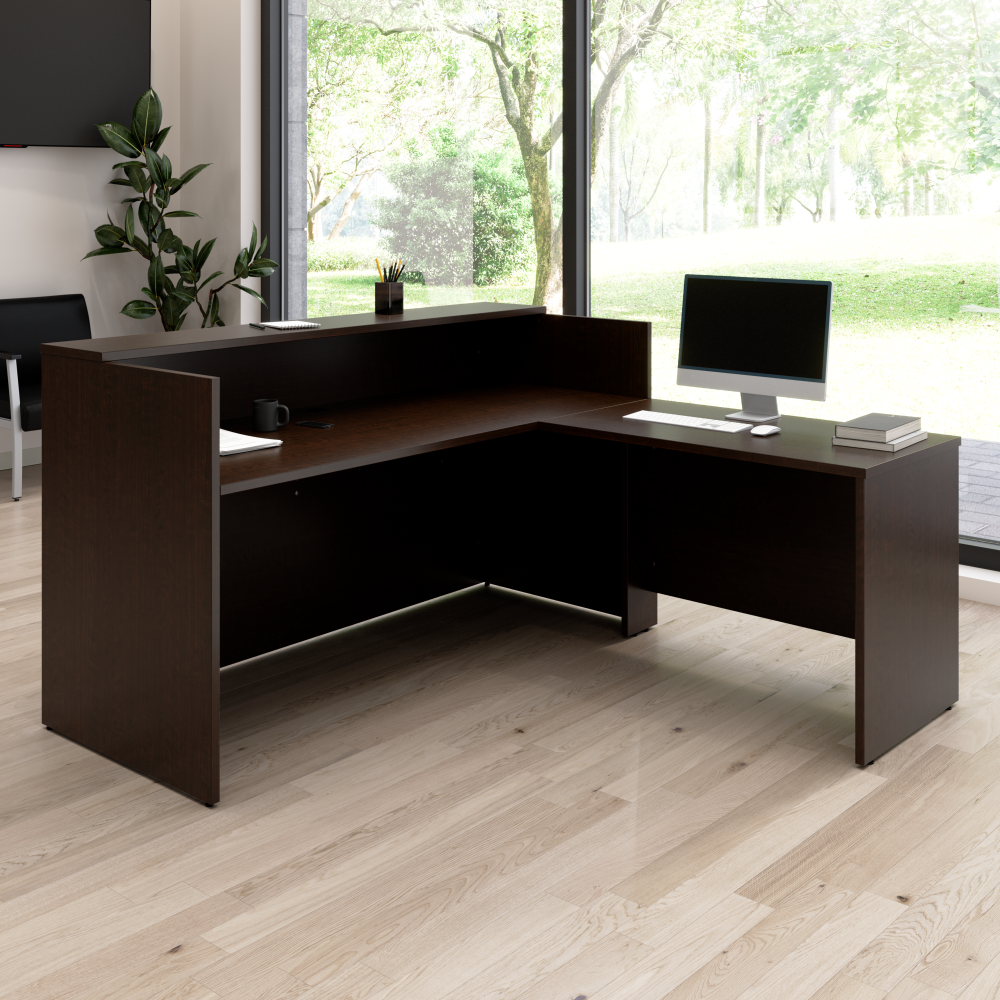 Shop Bush Business Furniture Arrive 72W x 72D L Shaped Reception Desk with Shelf, Image 02, ARV006MR, #color_mocha cherry