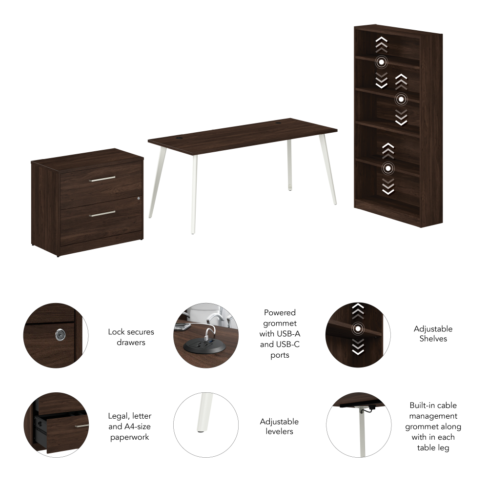 Shop Bush Business Furniture Vista 72W Desk with Splayed Metal Legs, Lateral File Cabinet, and Bookcase, Image 06, VST011BWSU, #color_black walnut