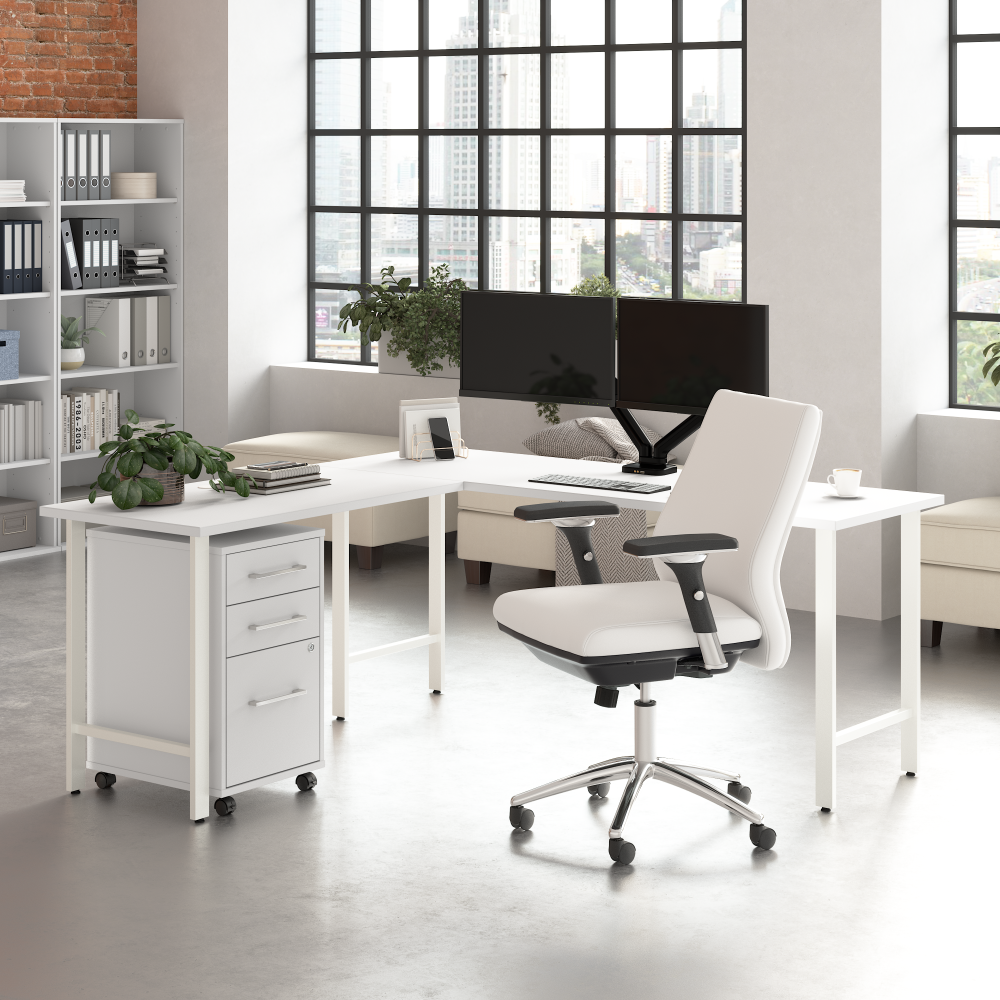 Shop Bush Business Furniture Hustle 72W x 24D L Shaped Computer Desk with 3 Drawer Mobile File Cabinet, Image 02, HUS005WH, #color_white
