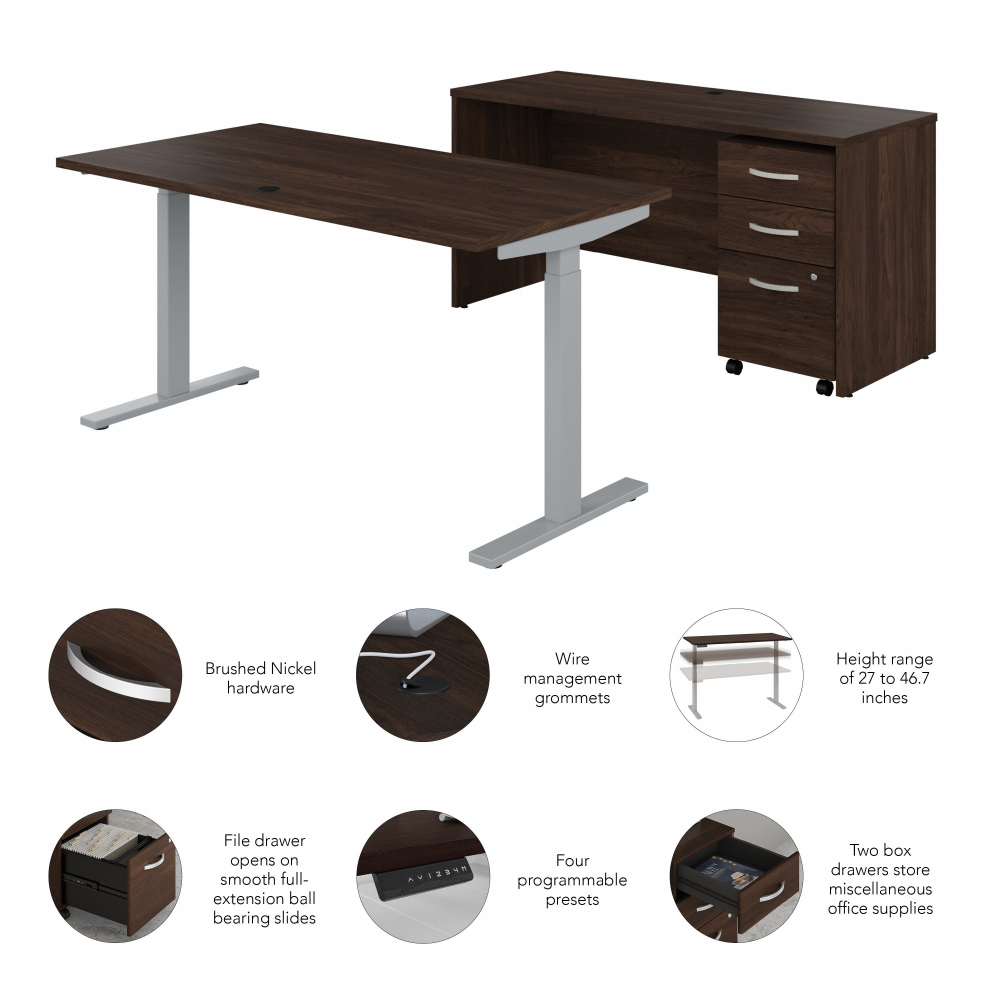 Shop Bush Business Furniture Studio C 60W Height Adjustable Standing Desk with Credenza and File Cabinet, Image 03, STC017BWSU, #color_black walnut
