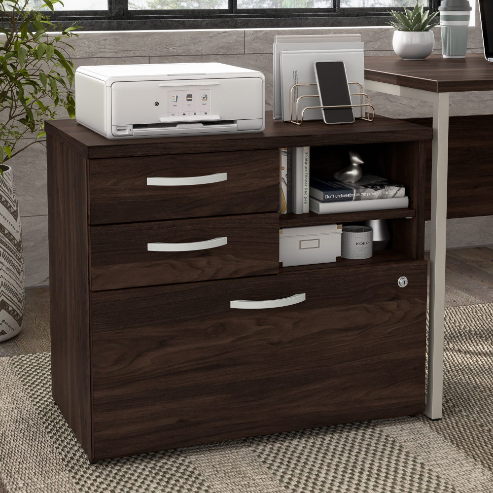 Shop Bush Business Furniture Hybrid Office Storage Cabinet with Drawers and Shelves, Image 02, HYF130BWSU-Z, #color_black walnut
