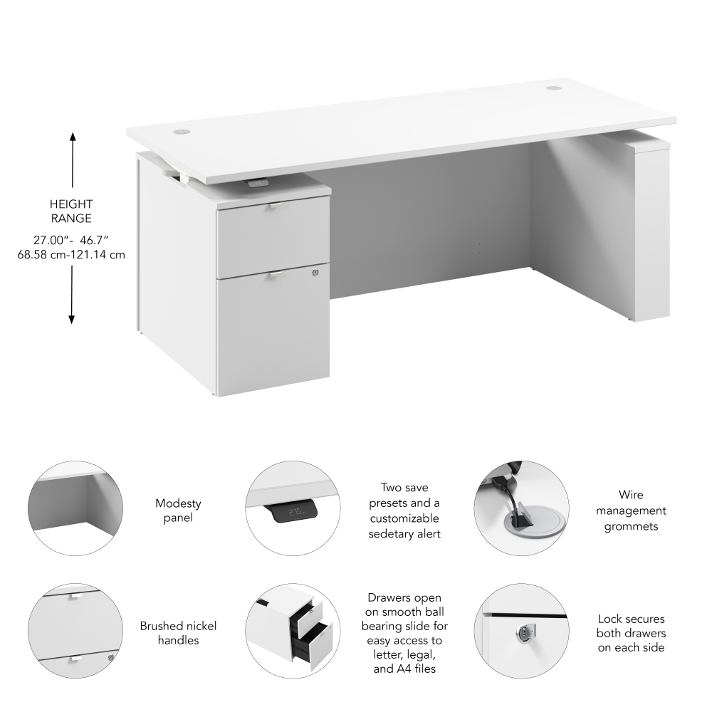 Shop Bush Business Furniture Stratus 72W x 30D Eletric Height Adjustable Standing Desk with File Cabinet, Image 07, SUT008WH, #color_white