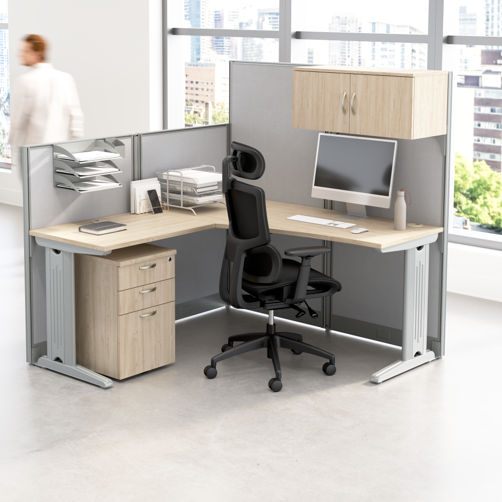 Shop Bush Business Furniture Office in an Hour 65-inch L Shaped Cubicle Desk with Storage, Drawers, and Organizers, Image 02, WC36594-03STGK, #color_natural elm