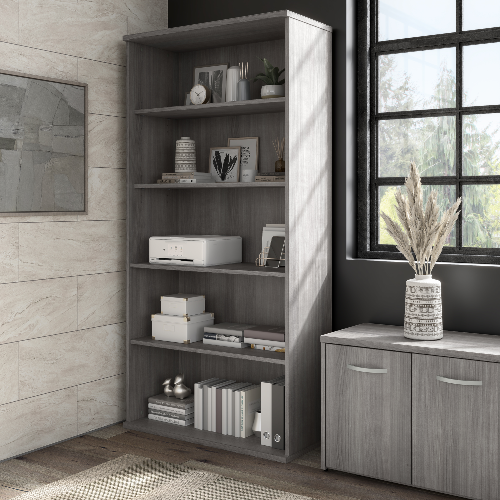 Shop Bush Business Furniture Hybrid Tall 5 Shelf Bookcase, Image 02, HYB136PG-Z, #color_platinum gray
