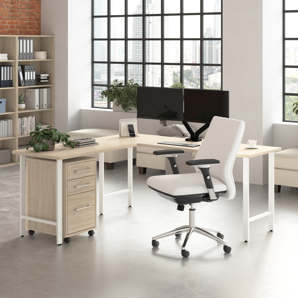 Shop Bush Business Furniture Hustle 72W x 24D L Shaped Computer Desk with 3 Drawer Mobile File Cabinet, Image 02, HUS005NE, #color_natural elm