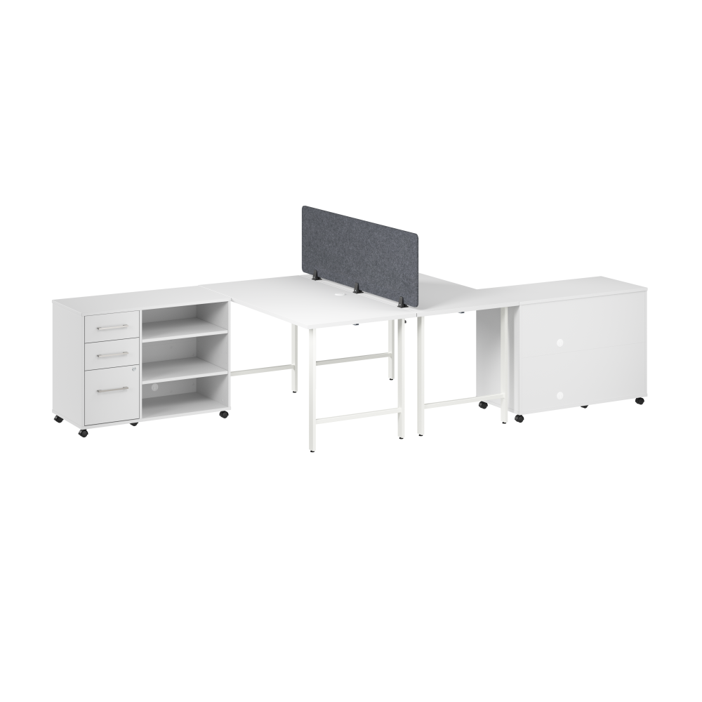 Shop Bush Business Furniture Hustle 2 Person Computer Desk with Mobile Storage Cabinets, Power Grommets, and Privacy Screen, Image 01, HUS016WH, #color_white