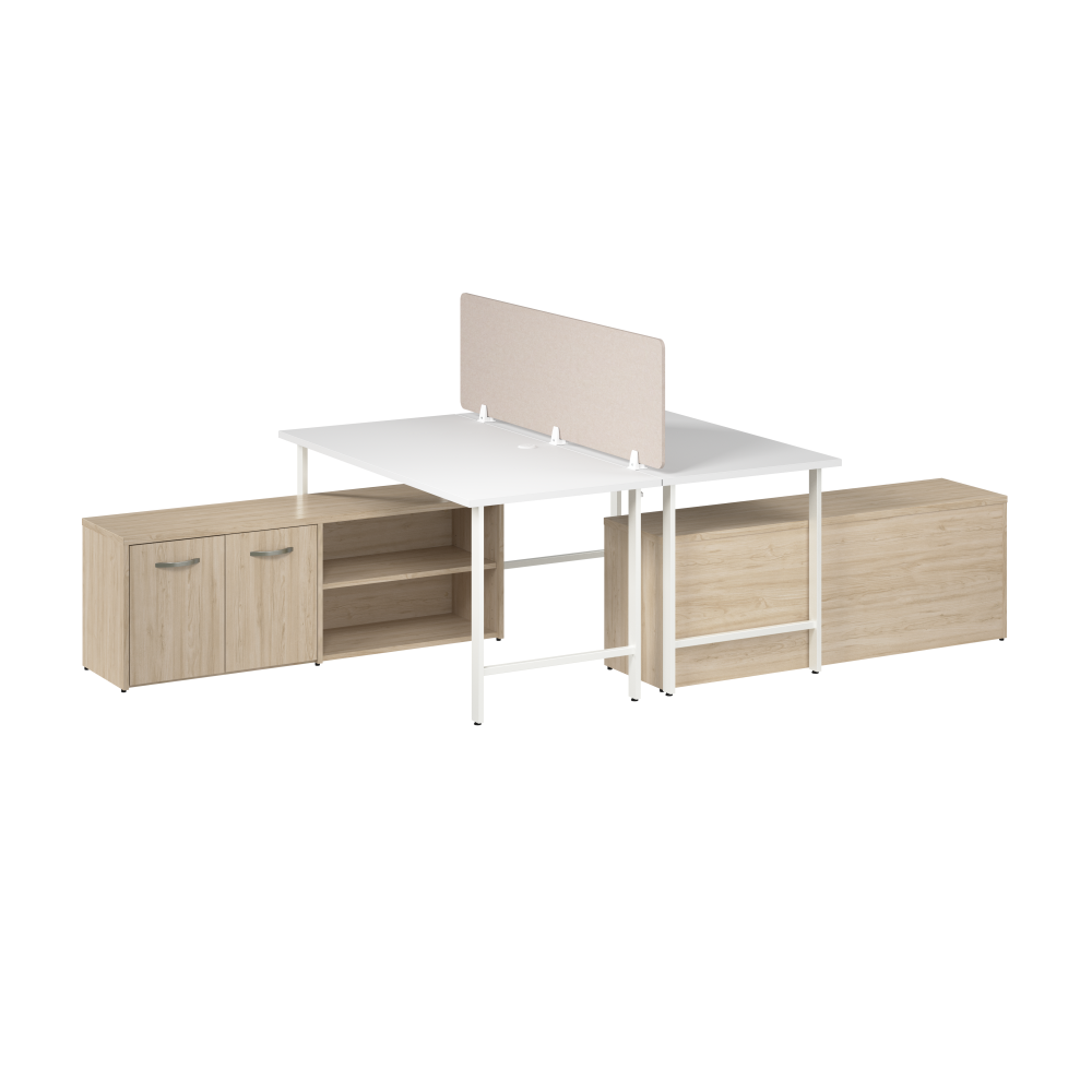 Shop Bush Business Furniture Hustle 2 Person Computer Desk with Low Storage Cabinets, Power Grommets, and Privacy Screen, Image 01, HUS015WHNE, #color_white/natural elm