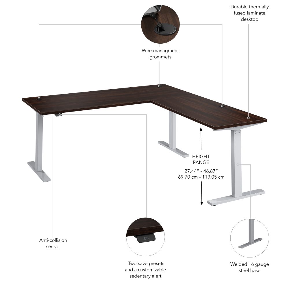 Shop Bush Business Furniture Move 60 Series 72W Height Adjustable L Shaped Standing Desk, Image 06, M6SL7278BWSK, #color_black walnut/cool gray metallic