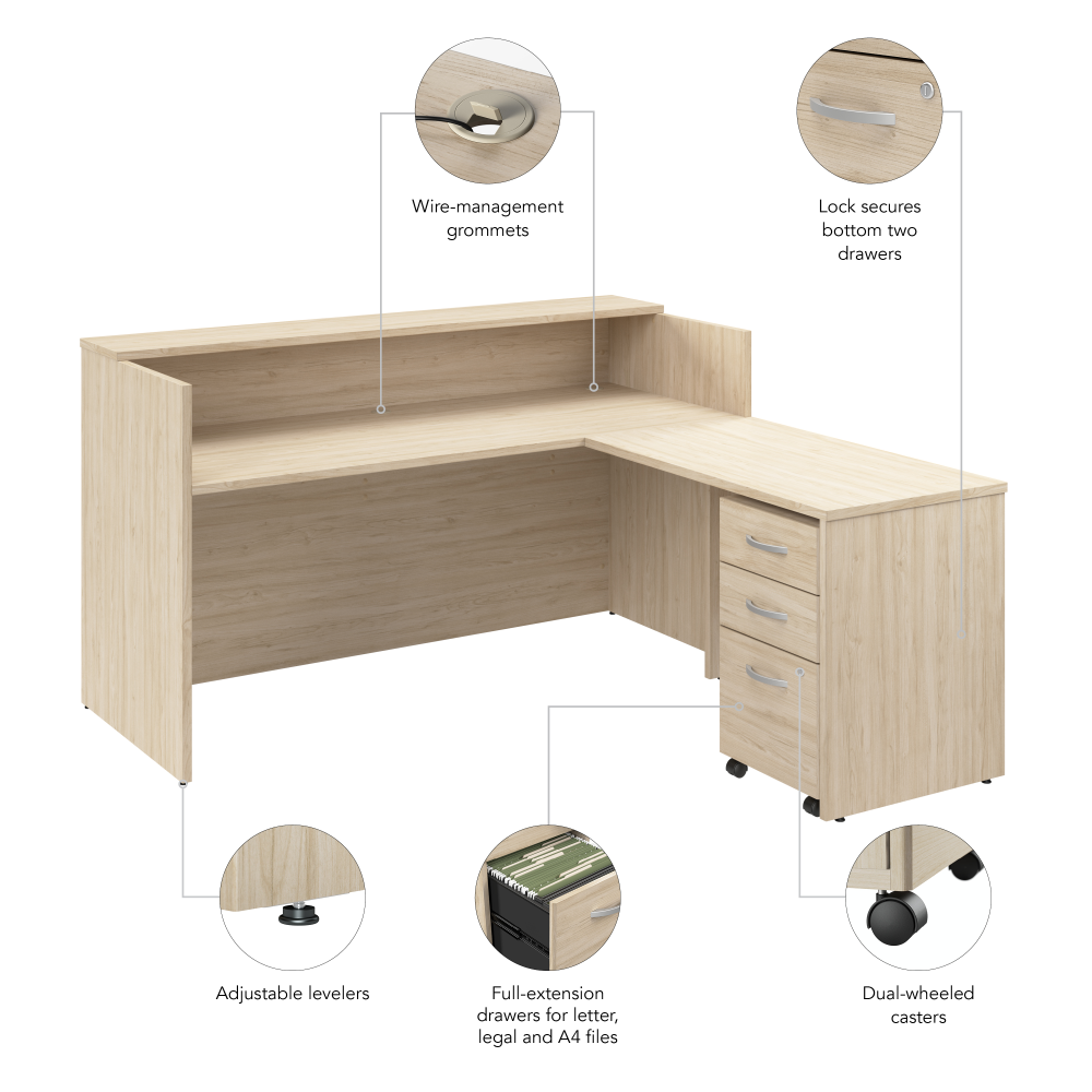 Shop Bush Business Furniture Arrive 72W x 72D L Shaped Reception Desk with Shelf and Mobile File Cabinet, Image 08, ARV007NE, #color_natural elm