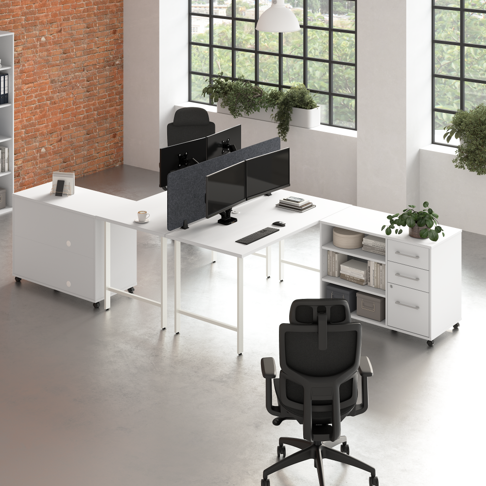 Shop Bush Business Furniture Hustle 2 Person Computer Desk with Mobile Storage Cabinets, Power Grommets, and Privacy Screen, Image 02, HUS016WH, #color_white