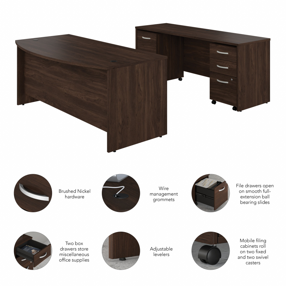 Shop Bush Business Furniture Studio C 72W x 36D Bow Front Desk and Credenza with Mobile File Cabinets, Image 06, STC009BWSU, #color_black walnut