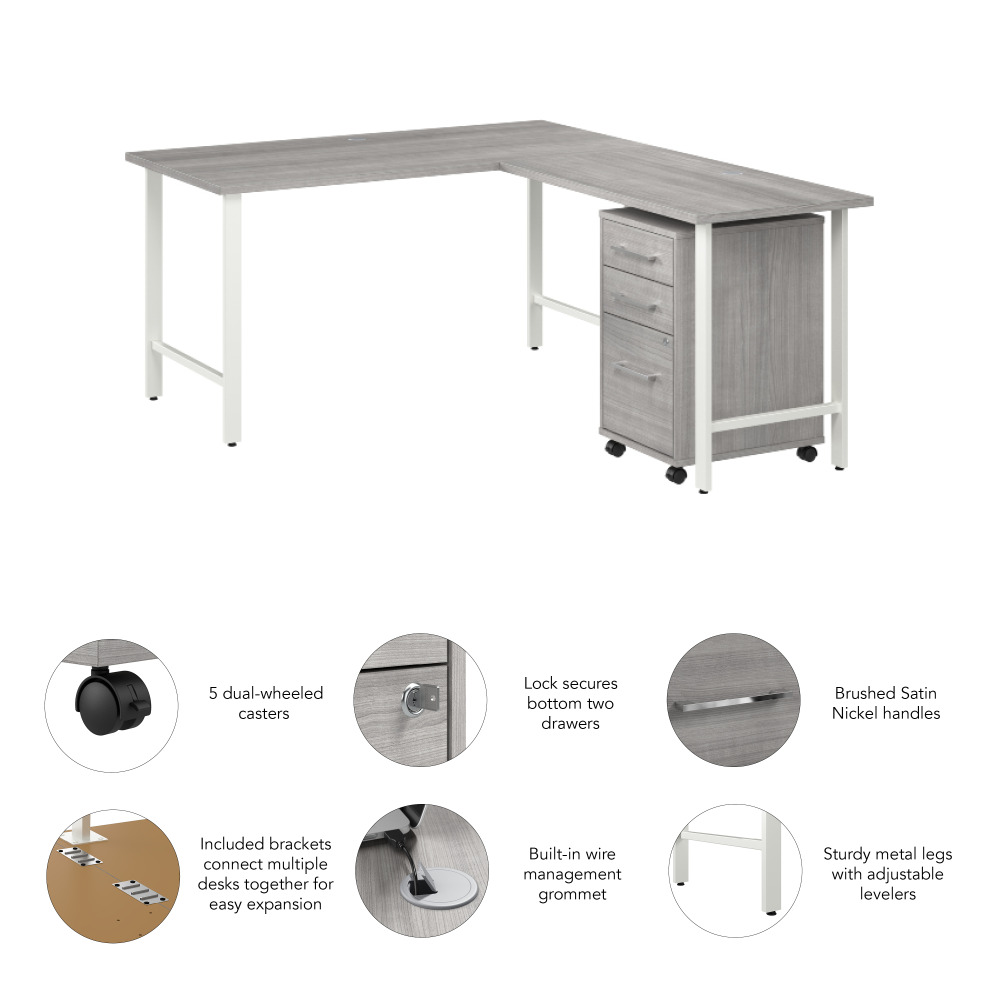 Shop Bush Business Furniture Hustle 60W x 30D L Shaped Computer Desk with 3 Drawer Mobile File Cabinet, Image 04, HUS006PG, #color_platinum gray