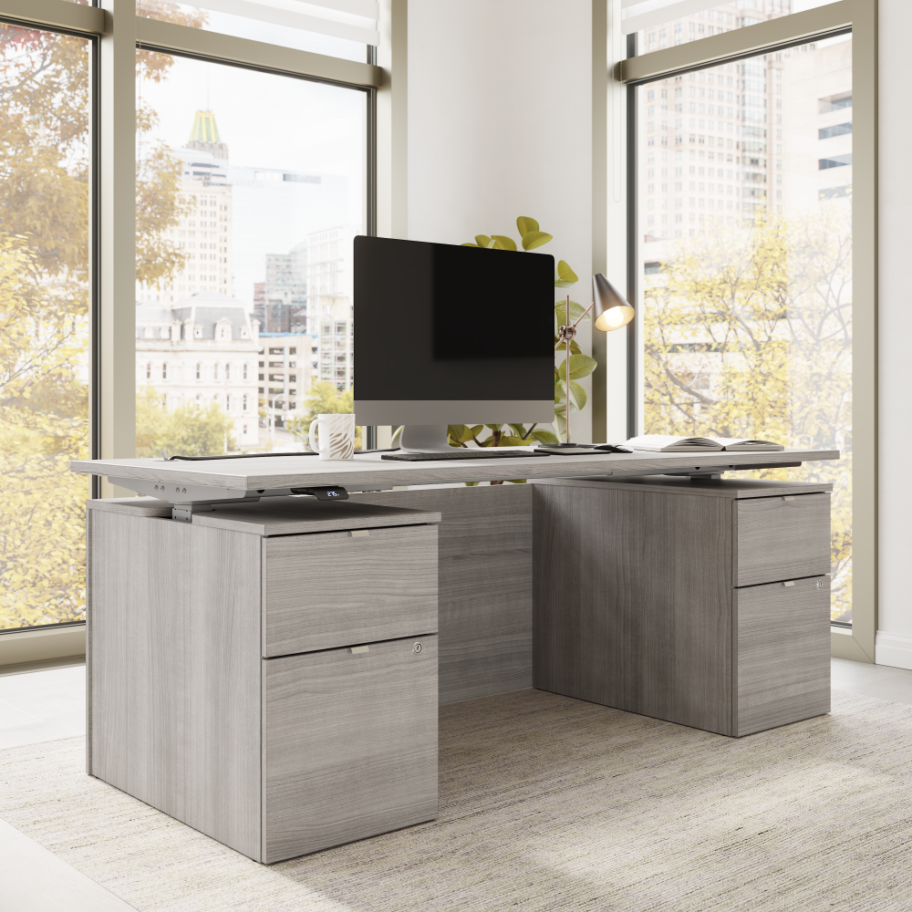 Shop Bush Business Furniture Stratus 72W x 30D Electric Standing Desk with Drawers and Modesty Panel, Image 03, SUT012PG, #color_platinum gray